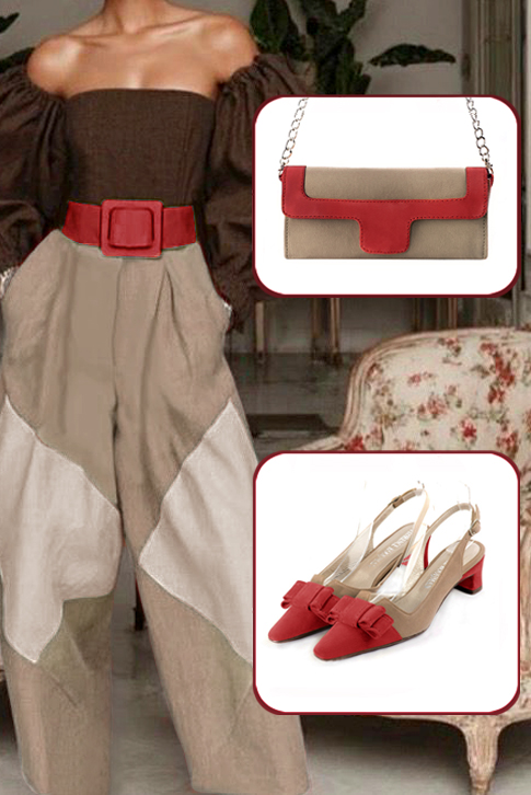 Women's scarlet red and clementine orange elegant slingback heels, with a bow on the front. Tapered toe. Low kitten heels - Top view